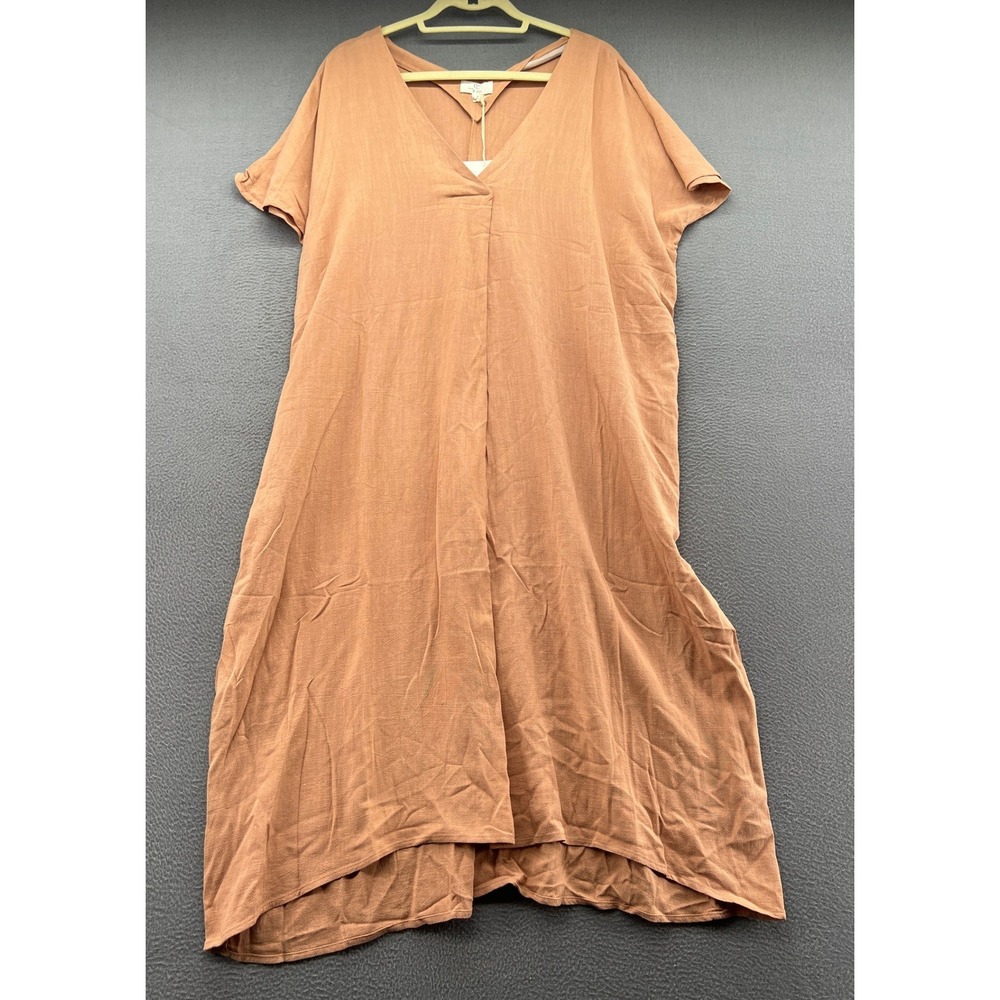 P.cill Dress Women's M Terracotta Clay Orange Cotton Linen V-Neck Midi Pocket